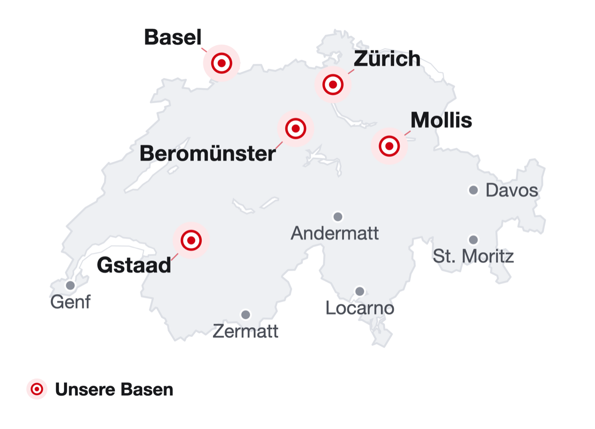 Karte der Schweiz mit den Basen Basel, Zürich, Luzern-Beromünster, Mollis und Gstaad sowie den Orientierungspunkten Genf, Zermatt, Locarno, Andermatt, Davos und St. Moritz