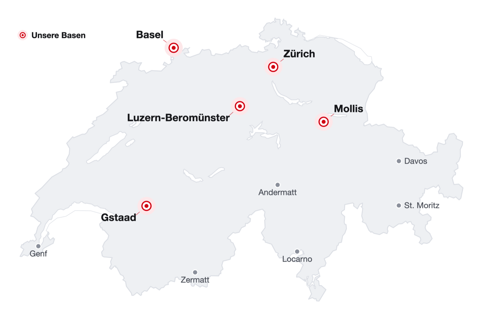 Karte der Schweiz mit den Basen Basel, Zürich, Luzern-Beromünster, Mollis und Gstaad sowie den Orientierungspunkten Genf, Zermatt, Locarno, Andermatt, Davos und St. Moritz